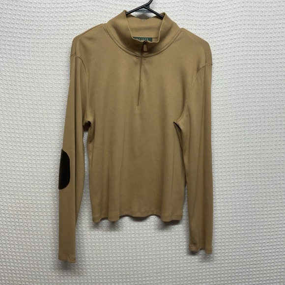 Lauren Ralph Lauren Sweaters - Vintage Lauren Ralph Lauren Womens Large Beige Ribbed 1/4 Zip Elbow Patch Cotton
